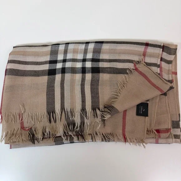 Beige Red Black Plaid Oversized 32"x 80"Scarf/Shawl Fringe Wrap Preppy V. FRASS - Picture 5 of 8